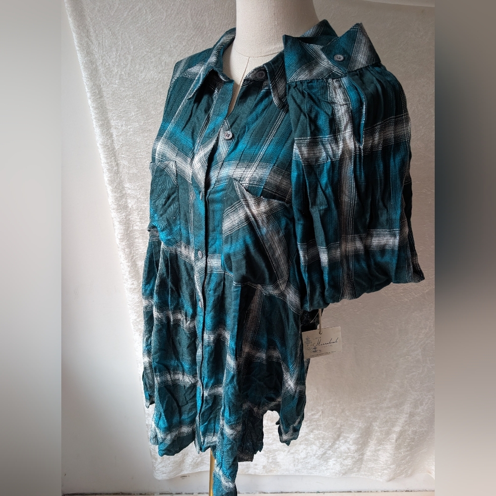 Cafe Marrakesh Teal Rayon Tunic Button-down Shirt Plaid Shimmer Flare